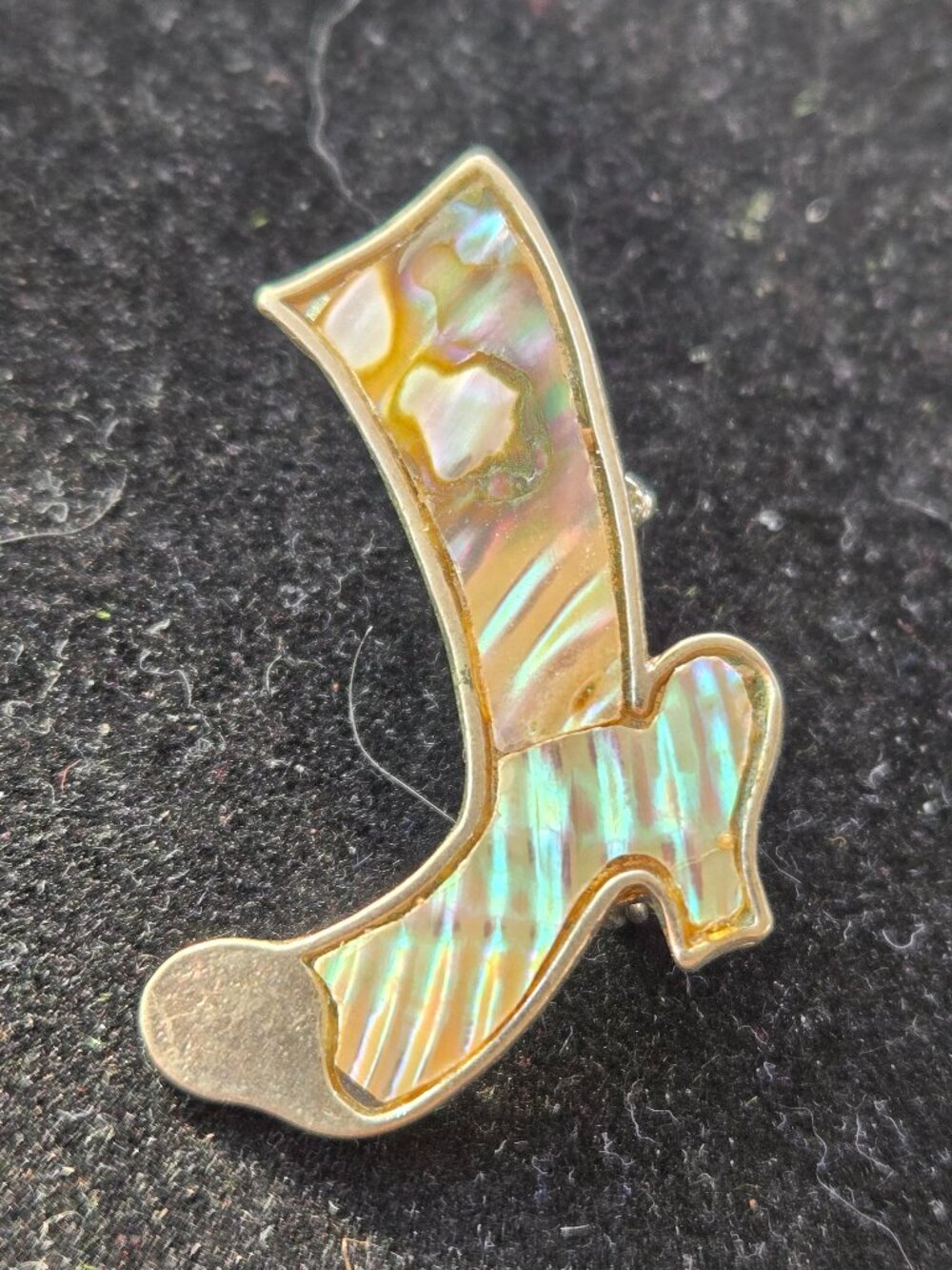 Vintage Cowboy Boot Abalone Inset Brooch Pin Silver Tone